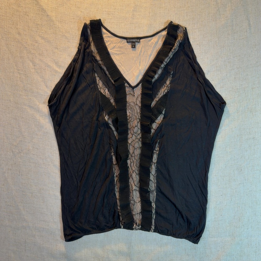Express V-Neck Sleeveless Tank Top Black Lace Ruffle Women's Size Small